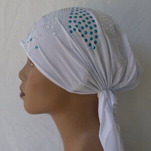 WHITE Pre-Tied Stud Chemo Cap Slip On Bonnet Hijab Undercap #7